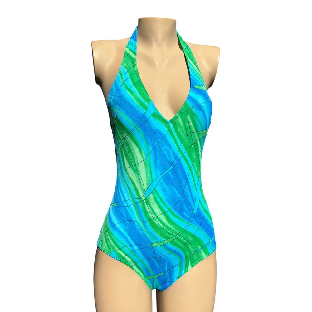 Sea Queen Blue Green Metallic Wave Halter Swimsuit